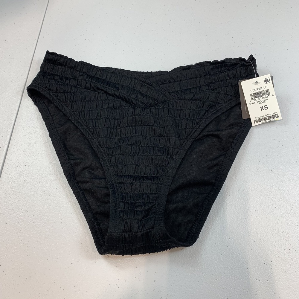 Bar III Women's Swim Bikini Bottom XS Black Textured High V Waist Beach